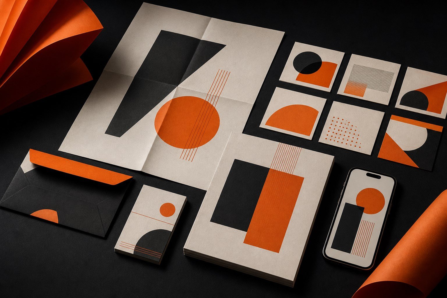 Modern black, cream, and orange visual identity system arranged on a studio table