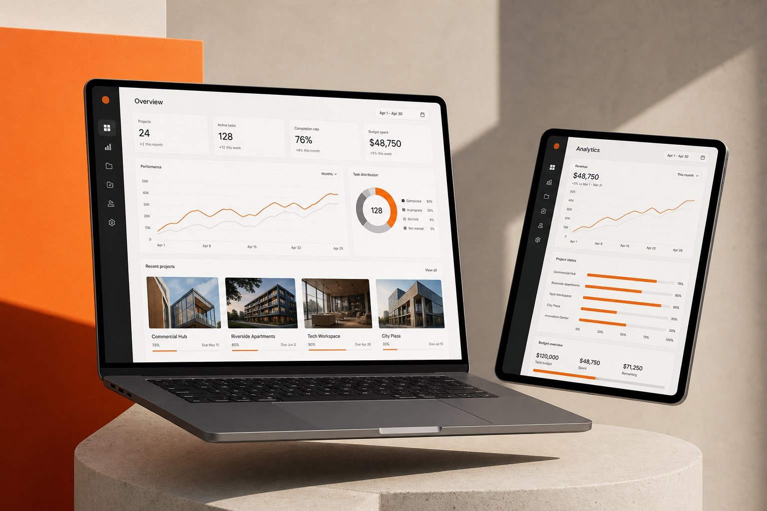 SaaS analytics dashboard shown on a laptop and tablet