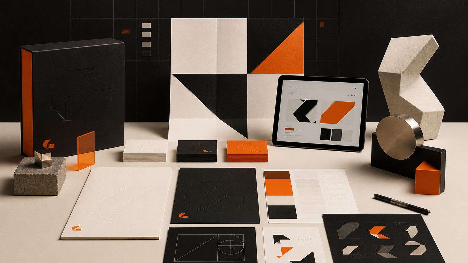A premium visual identity system displayed across stationery, packaging, color specimens, digital screens, and sculptural brand forms.
