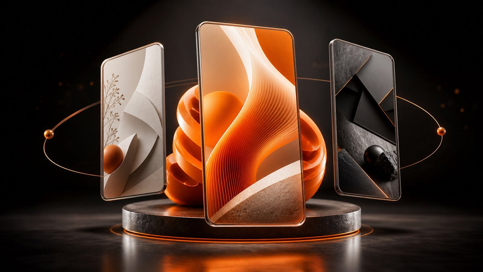 Three vertical advertising concepts arranged around an orange product form.