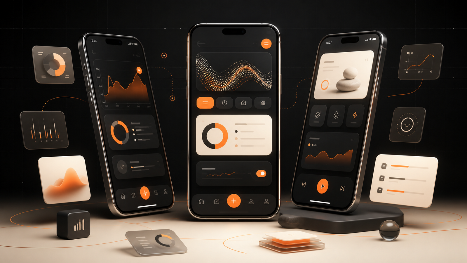 Three premium mobile app interface concepts surrounded by modular dashboard components in Wexolab orange, cream, and black.
