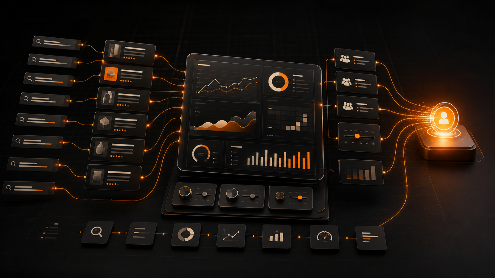 Paid search signals flowing through a campaign analytics dashboard toward a high-value orange conversion point.