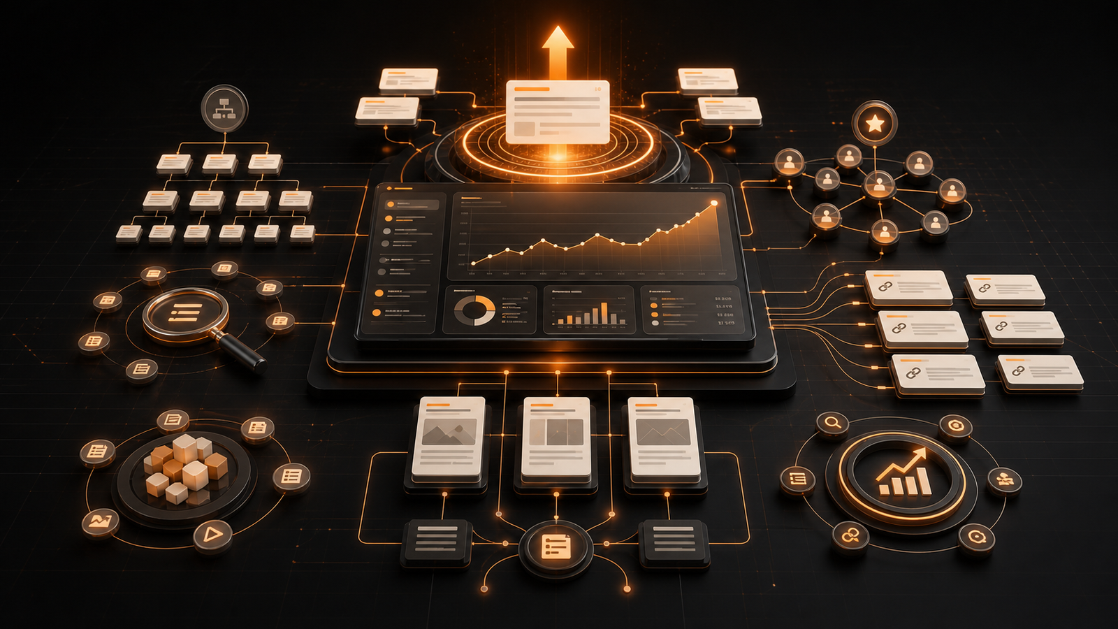 Technical site architecture, content clusters, authority pathways, and organic search performance converging toward a top discovery result.
