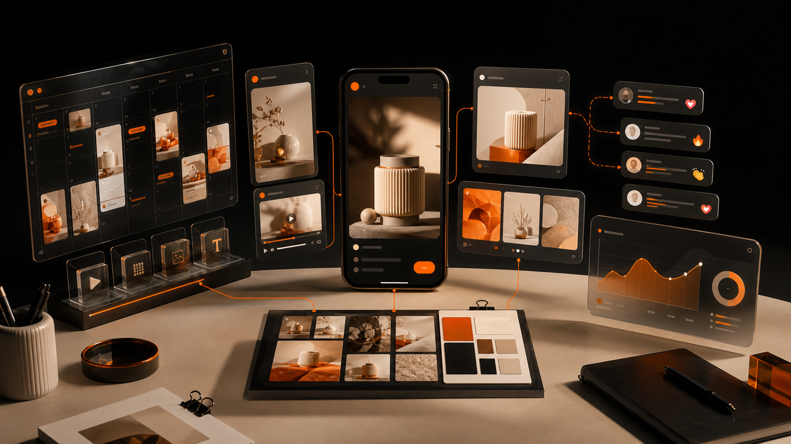 A premium social content studio showing an editorial calendar, vertical video, campaign formats, community responses, creative assets, and performance insights.