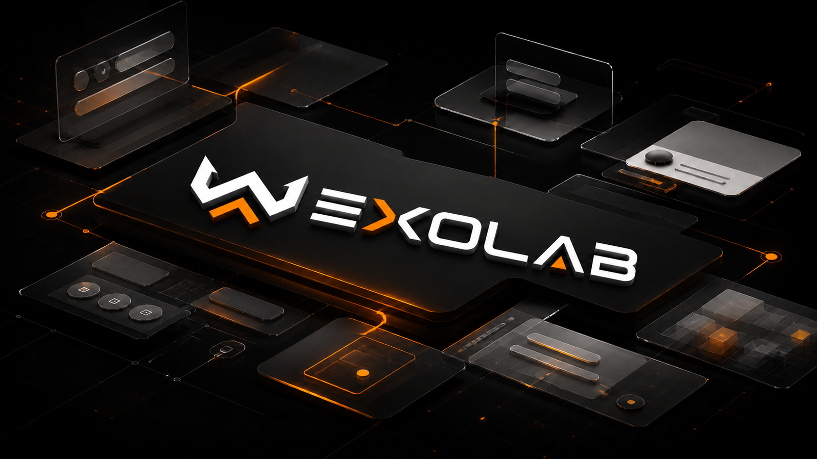 Wexolab logo integrated into a cinematic three-dimensional UI design system with glass interface components and orange interaction paths.
