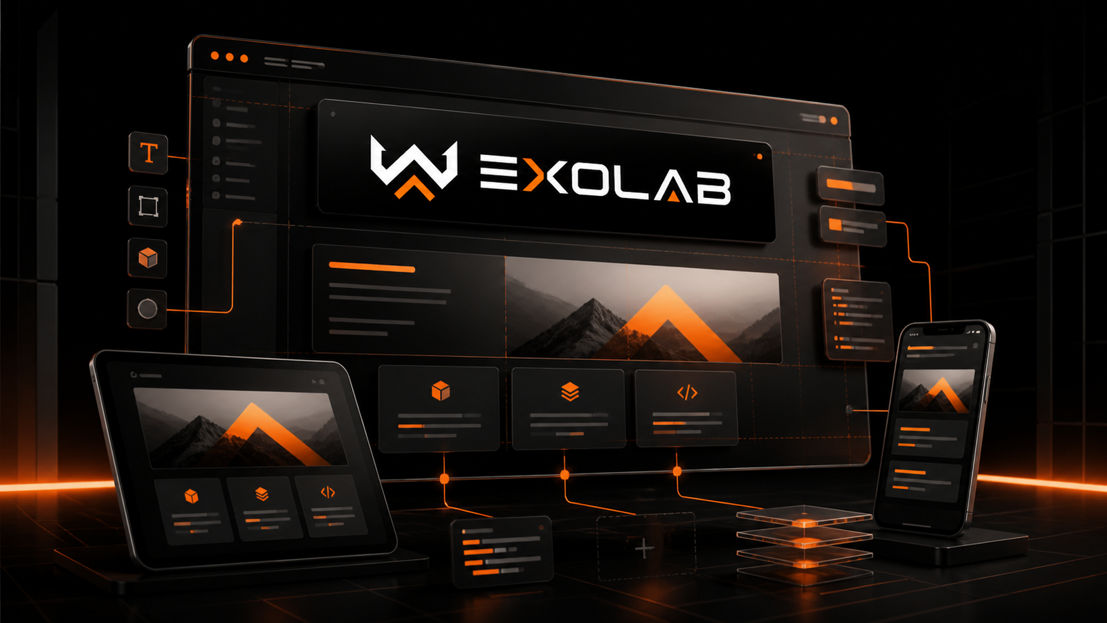 Wexolab branded responsive website system shown across desktop, tablet, and mobile screens with orange development paths.